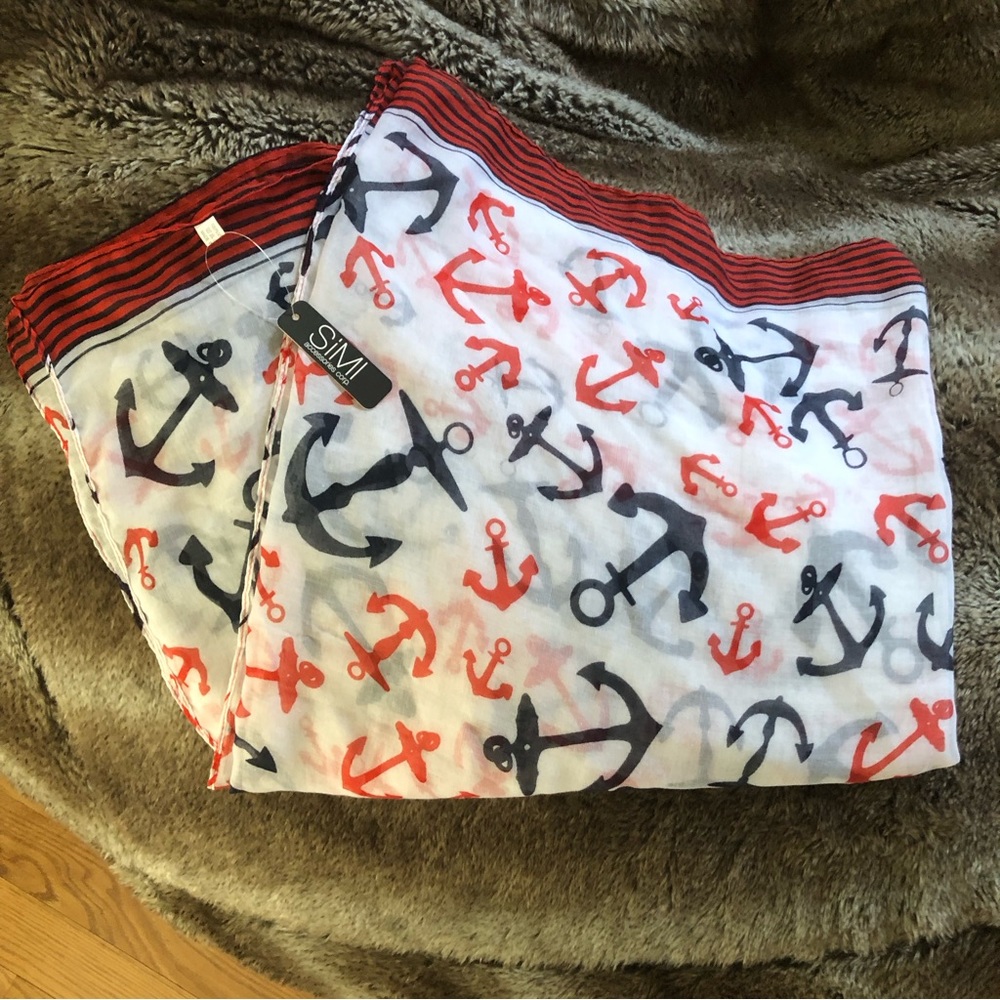 Nautical scarf with black and red anchors with black and red stripes on the edge